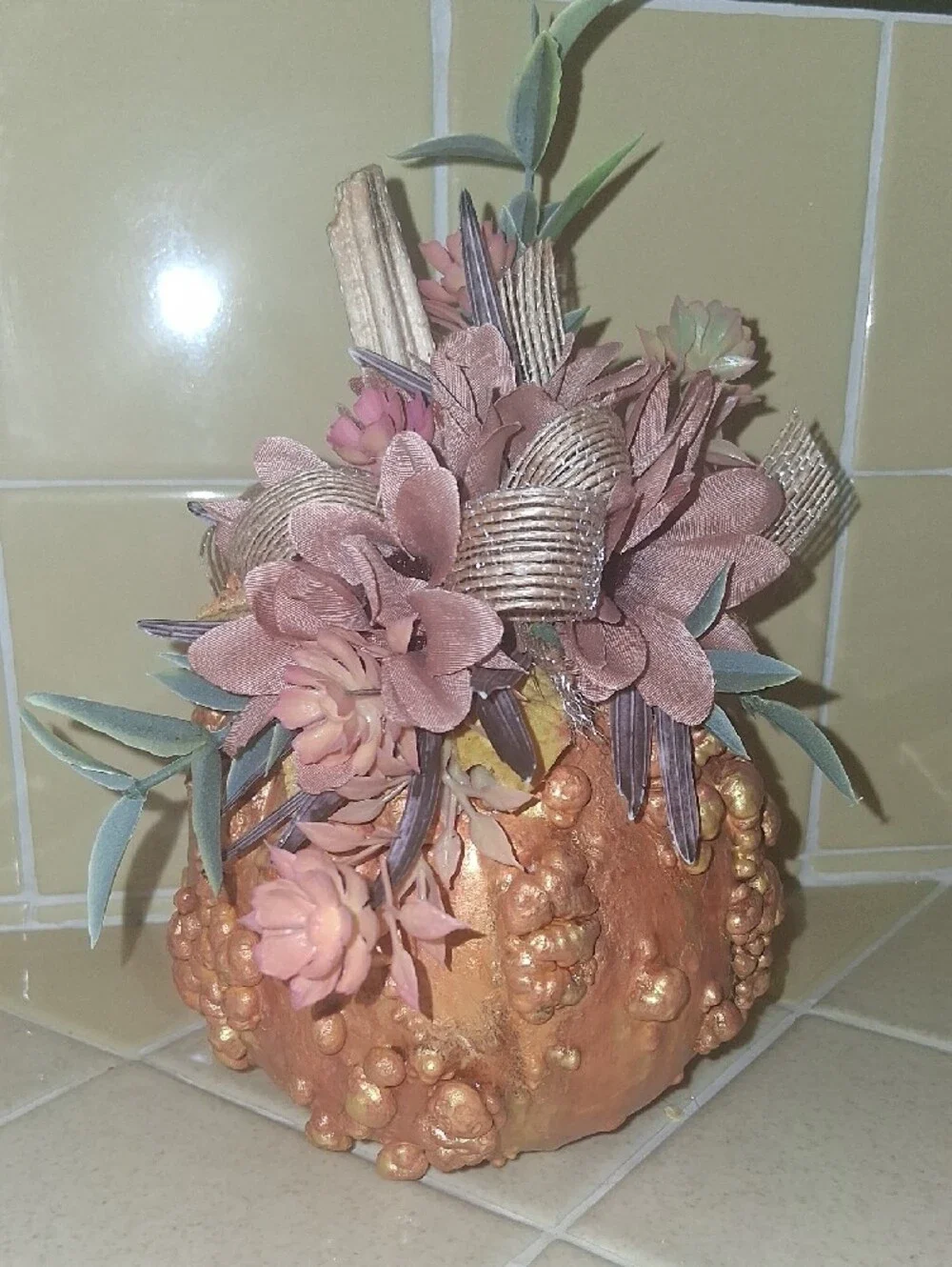 Dried Orange Decorative Pumpkin with Pink Floral Accent